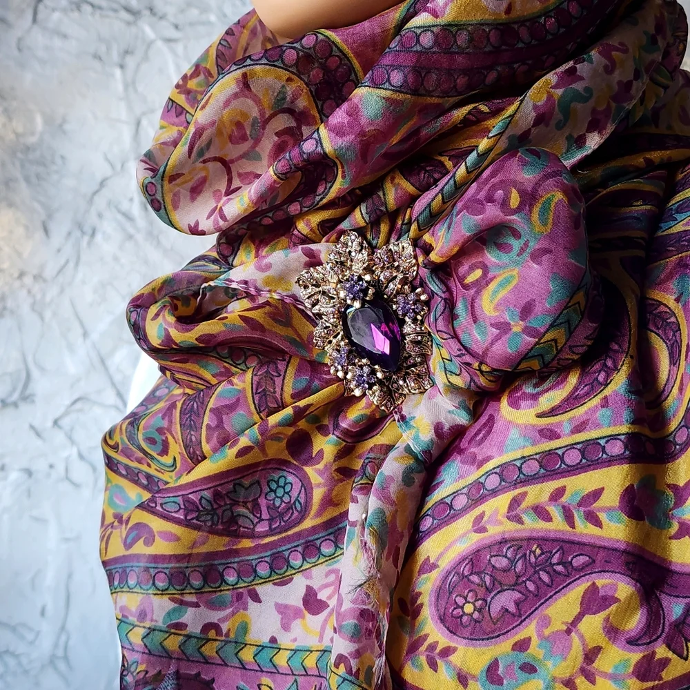 Designer Purple Scarf 100% Soft Silk Paisley Print Violet Gold Brooch
